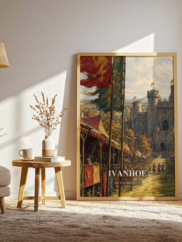Ivanhoe watercolour print in frame leaning in hallway – historical fiction wall art