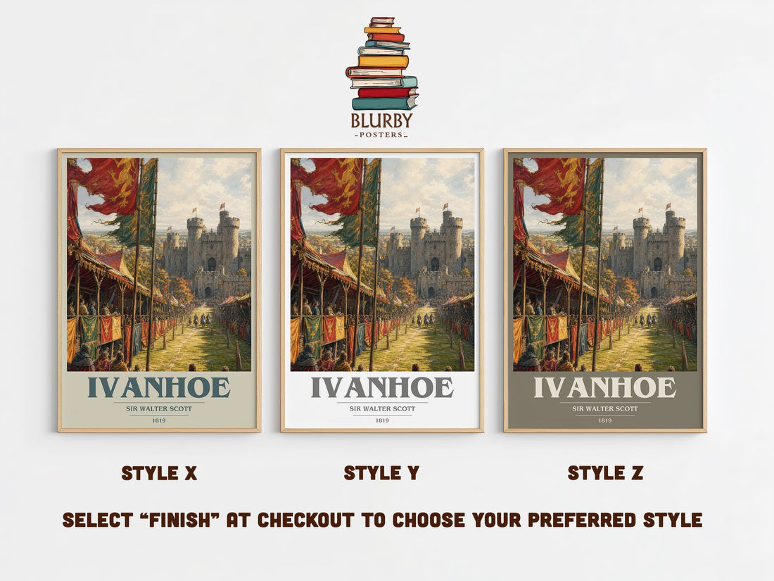 Ivanhoe book cover print in frame leaning in hallway – historical fiction wall art (mockup)