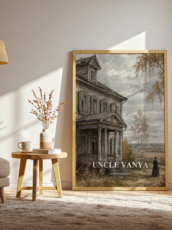 Uncle Vanya watercolour print in frame leaning in hallway – classic literature wall art