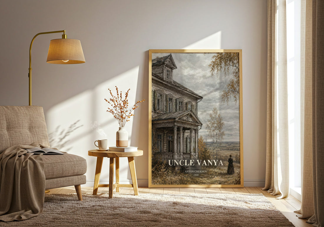 Uncle Vanya watercolour print in frame leaning in hallway – classic literature wall art (mockup)