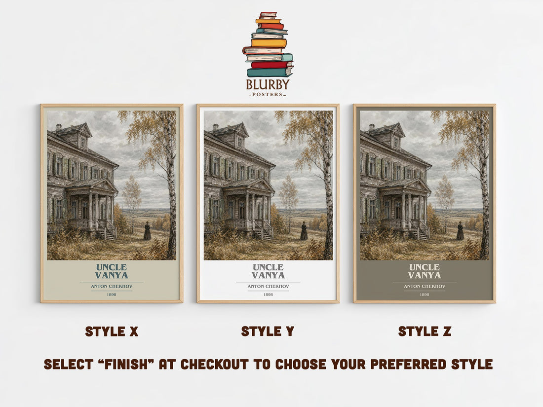 Uncle Vanya book cover print in frame leaning in hallway – classic literature wall art (mockup)