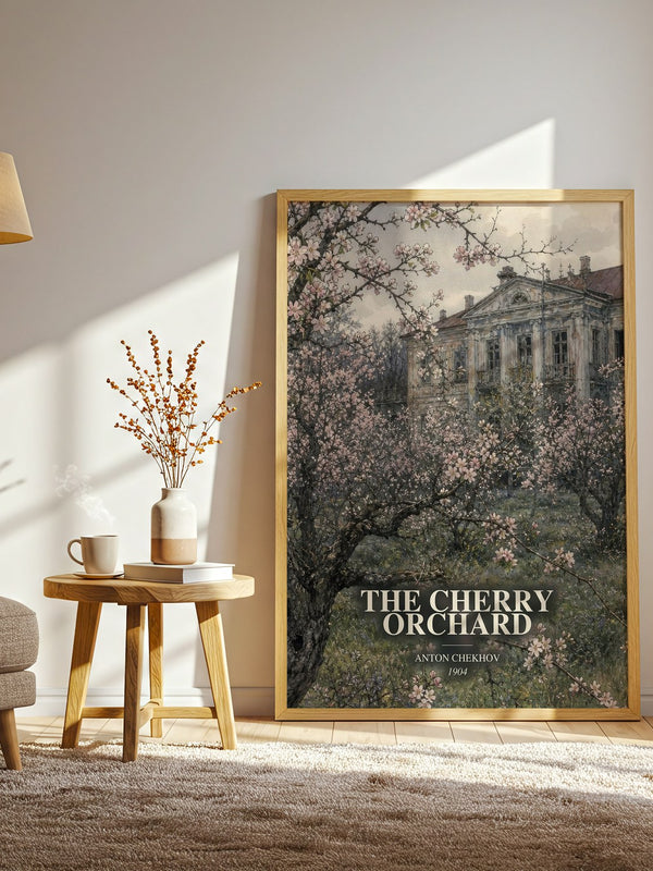 The Cherry Orchard watercolour print in frame leaning in hallway – classic literature wall art