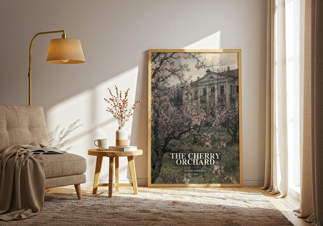 The Cherry Orchard watercolour print in frame leaning in hallway – classic literature wall art (mockup)