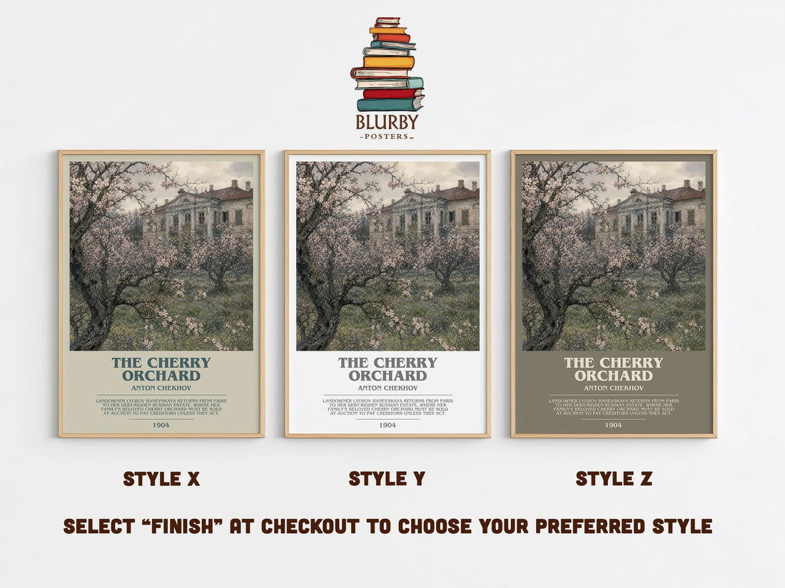 The Cherry Orchard bookish print in frame leaning in hallway – classic literature wall art (mockup)