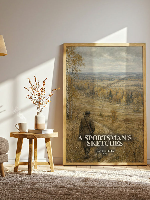 A Sportsman's Sketches watercolour print in frame leaning in hallway – classic literature wall art
