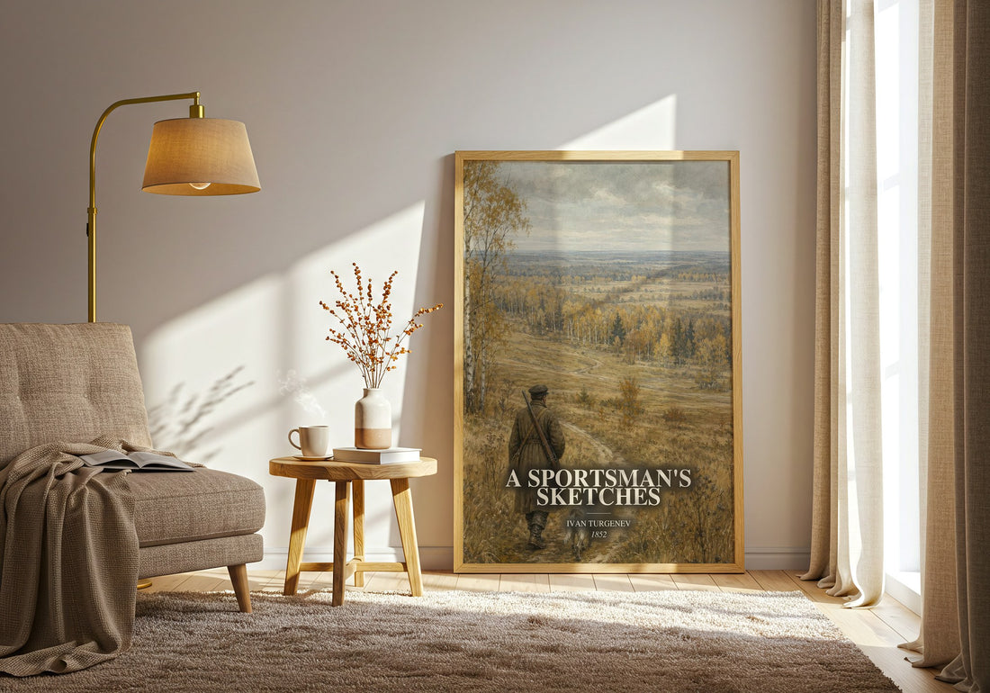 A Sportsman's Sketches watercolour print in frame leaning in hallway – classic literature wall art (mockup)