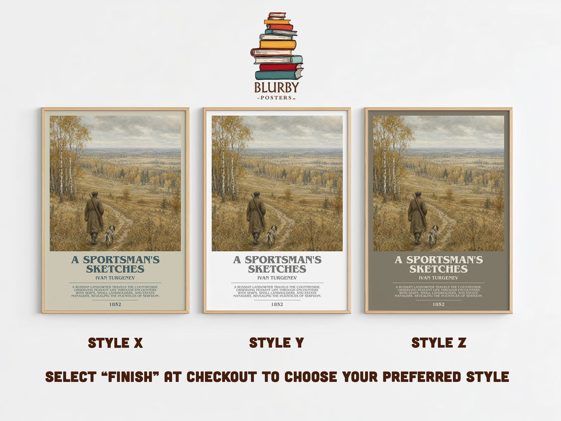 A Sportsman's Sketches bookish print in frame leaning in hallway – classic literature wall art (mockup)