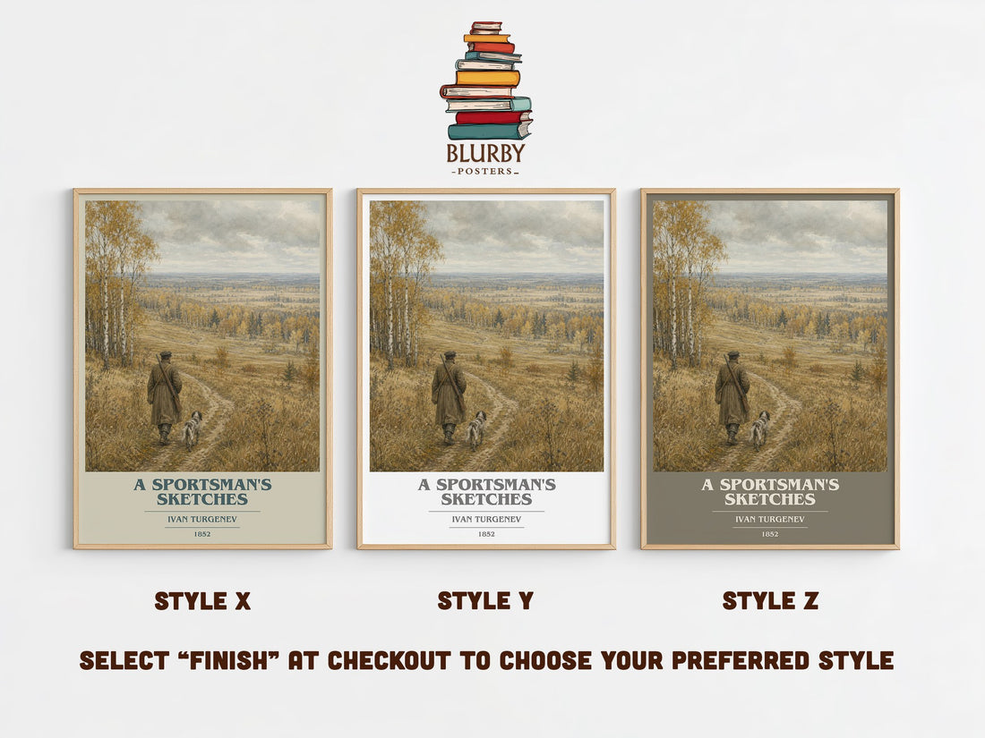 A Sportsman's Sketches book cover print in frame leaning in hallway – classic literature wall art (mockup)
