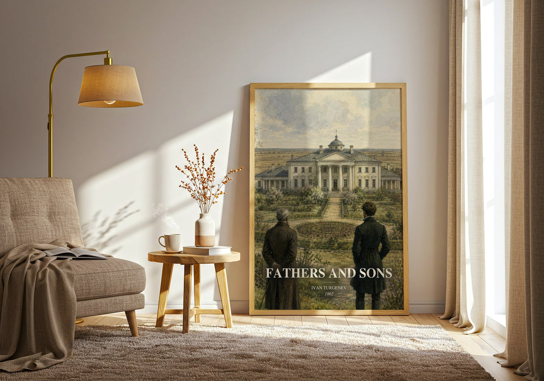 Fathers and Sons watercolour print in frame leaning in hallway – classic literature wall art (mockup)