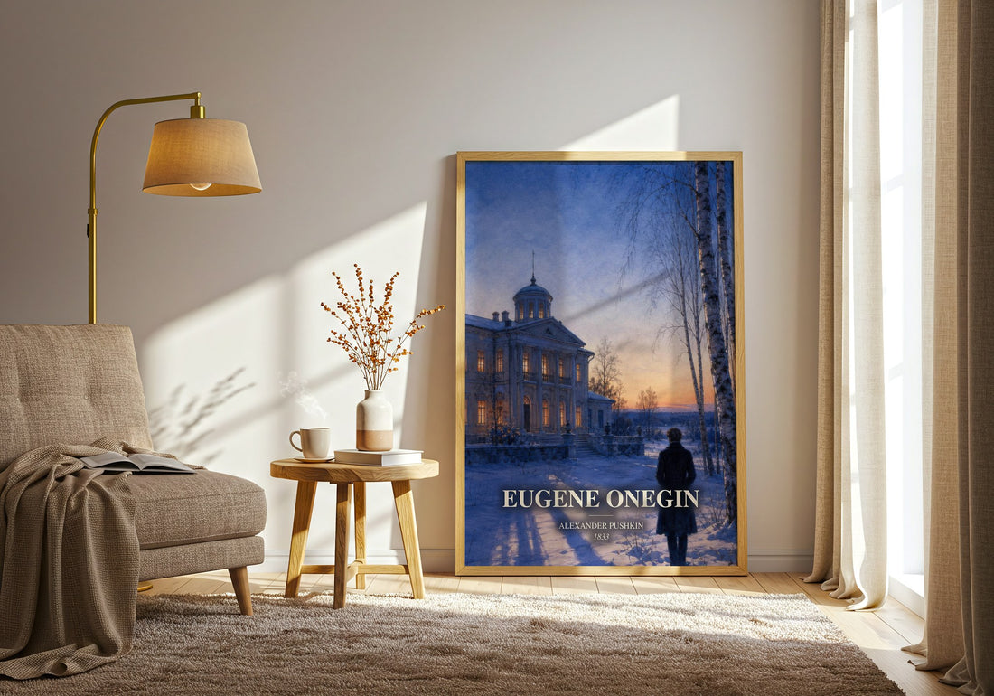Eugene Onegin watercolour print in frame leaning in hallway – poetry wall art (mockup)