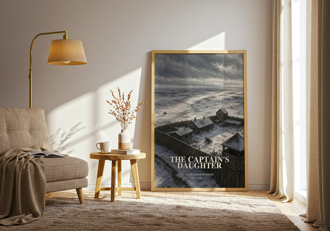 The Captain's Daughter watercolour print in frame leaning in hallway – historical fiction wall art (mockup)