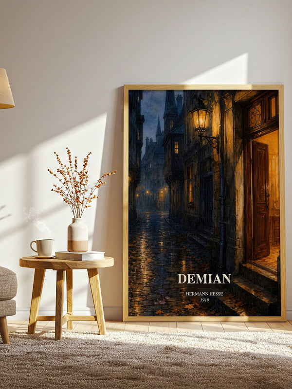 Demian watercolour print in frame leaning in hallway – coming of age wall art