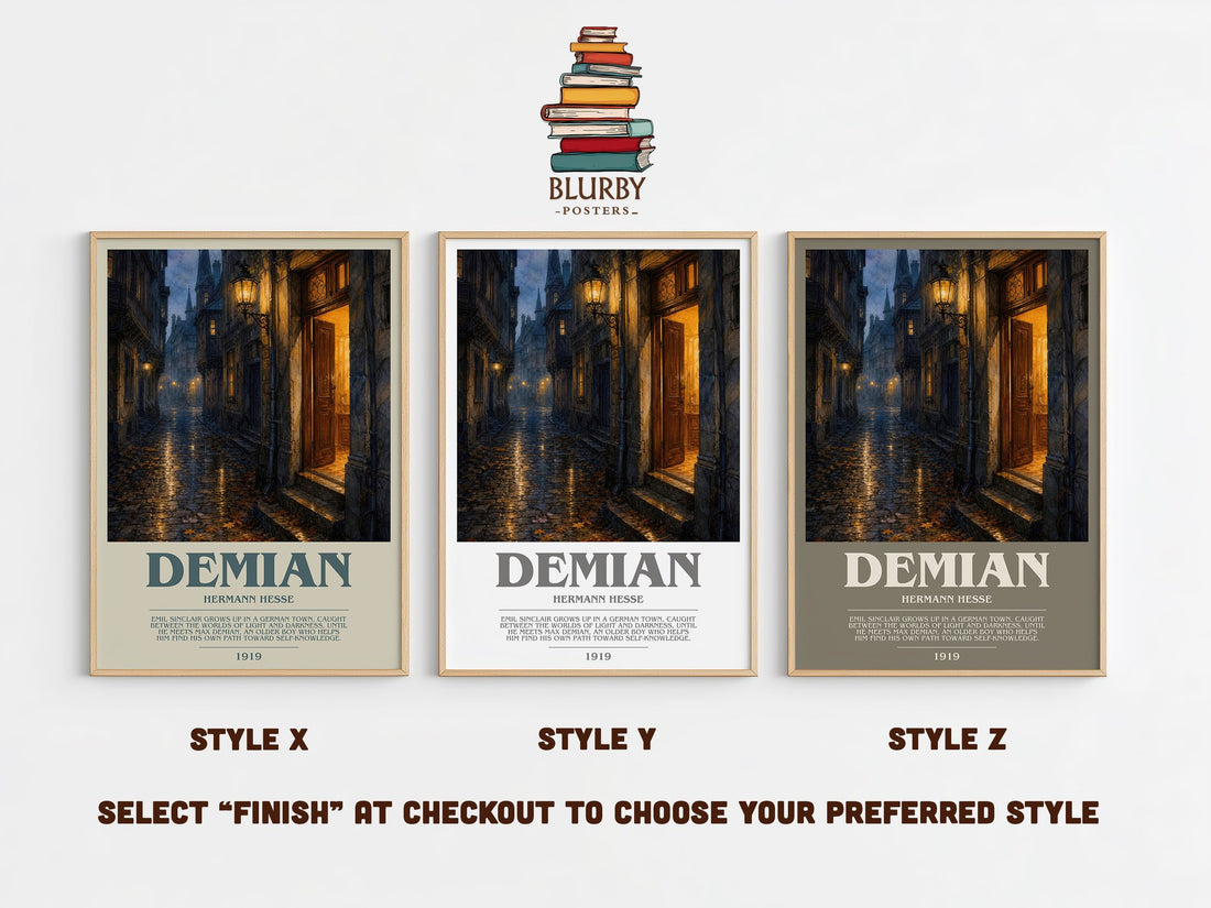 Demian bookish print in frame leaning in hallway – coming of age wall art (mockup)