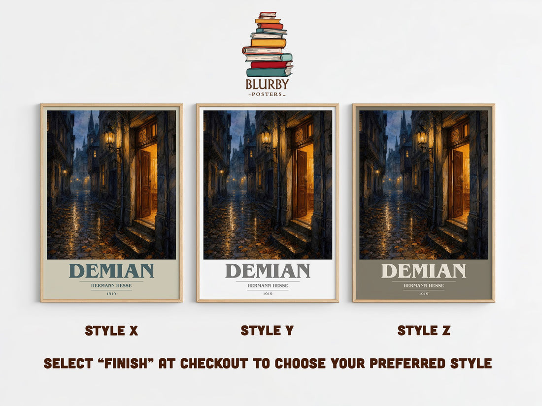 Demian book cover print in frame leaning in hallway – coming of age wall art (mockup)