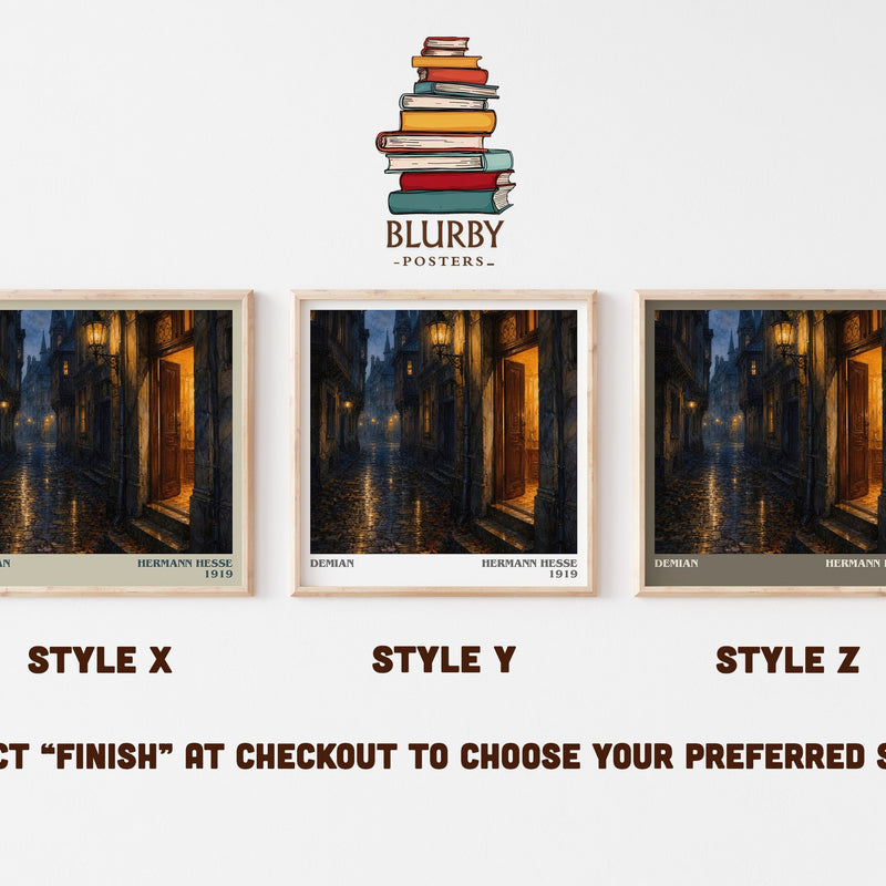 Demian literary print in frame leaning in hallway – coming of age wall art