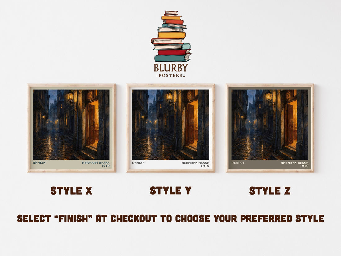 Demian literary print in frame leaning in hallway – coming of age wall art (mockup)