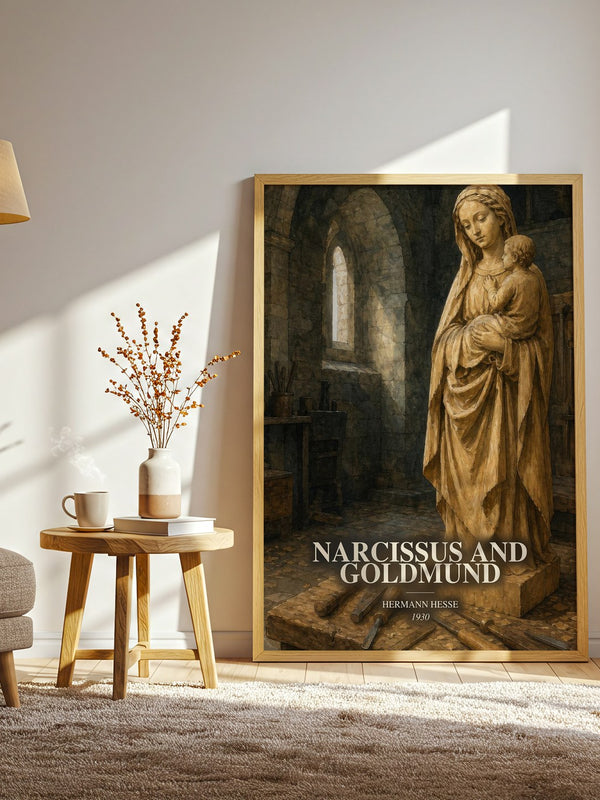 Narcissus and Goldmund watercolour print in frame leaning in hallway – literary fiction wall art