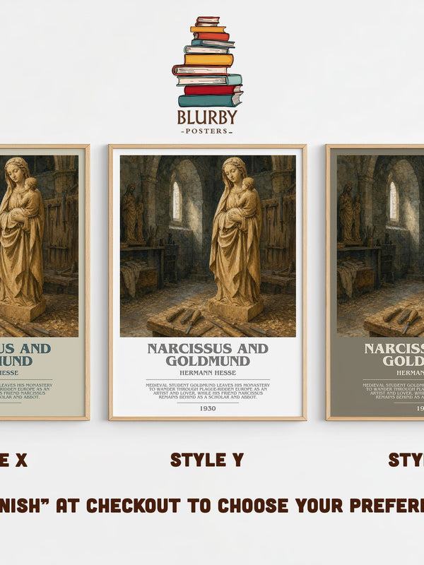 Narcissus and Goldmund bookish print in frame leaning in hallway – literary fiction wall art