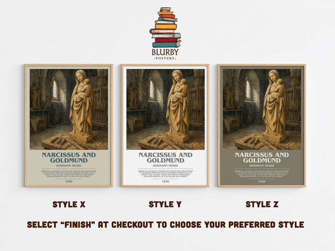 Narcissus and Goldmund bookish print in frame leaning in hallway – literary fiction wall art (mockup)