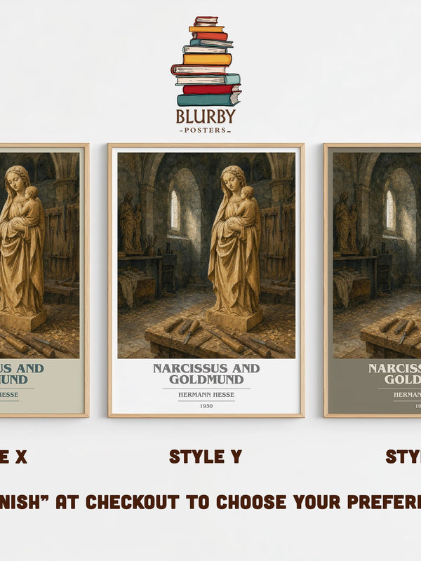 Narcissus and Goldmund book cover print in frame leaning in hallway – literary fiction wall art