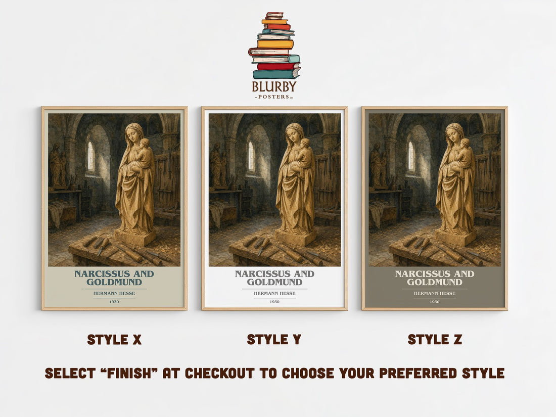 Narcissus and Goldmund book cover print in frame leaning in hallway – literary fiction wall art (mockup)