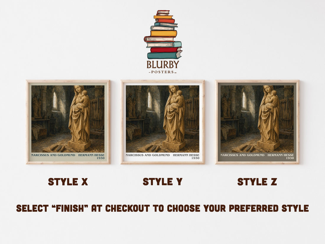 Narcissus and Goldmund literary print in frame leaning in hallway – literary fiction wall art (mockup)
