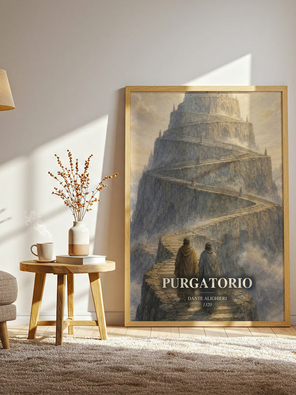 Purgatorio watercolour print in frame leaning in hallway – poetry wall art
