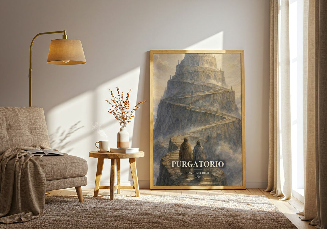 Purgatorio watercolour print in frame leaning in hallway – poetry wall art (mockup)