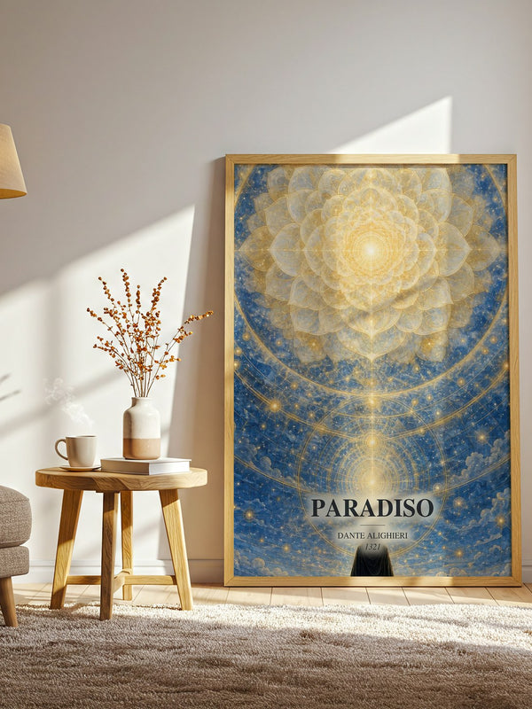 Paradiso watercolour print in frame leaning in hallway – poetry wall art