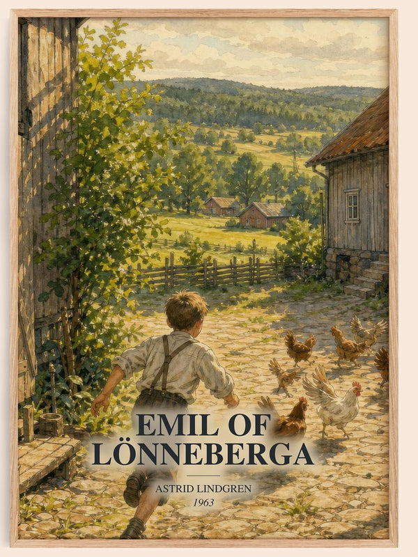 Emil of Lönneberga watercolour book poster by Astrid Lindgren – framed literary art print