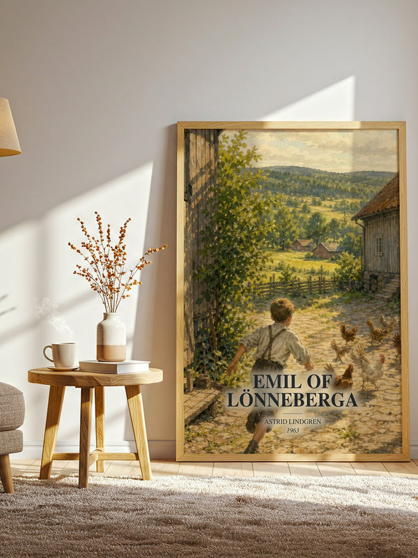 Emil of Lönneberga watercolour print in frame leaning in hallway – childrens wall art