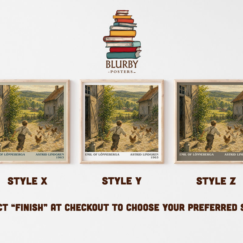 Emil of Lönneberga literary print in frame leaning in hallway – childrens wall art