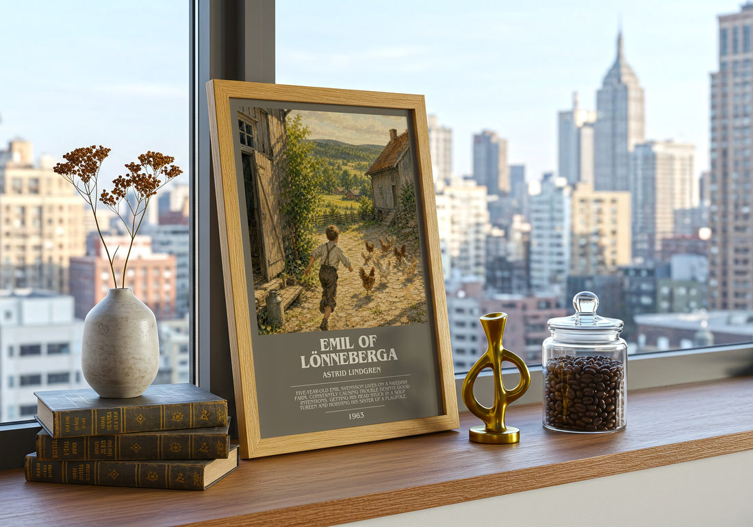 Emil of Lönneberga bookish print framed by window – literary home decor