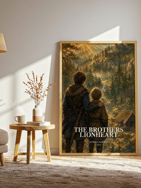 The Brothers Lionheart watercolour print in frame leaning in hallway – childrens wall art