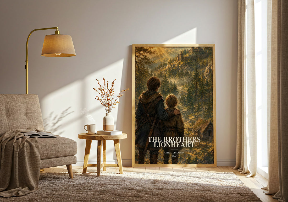 The Brothers Lionheart watercolour print in frame leaning in hallway – childrens wall art (mockup)