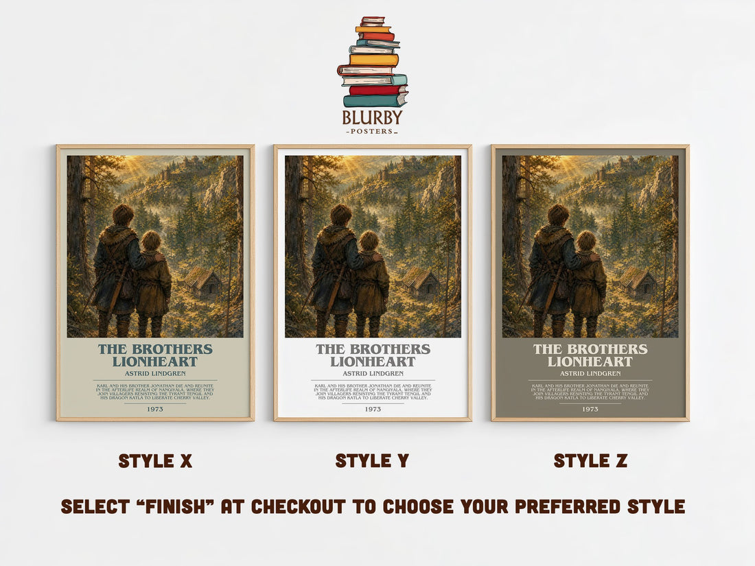 The Brothers Lionheart bookish print in frame leaning in hallway – childrens wall art (mockup)
