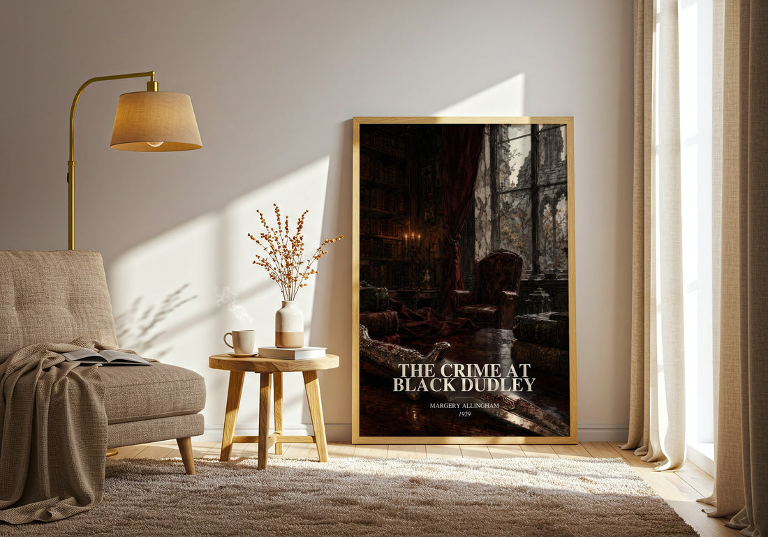The Crime at Black Dudley watercolour print in frame leaning in hallway – mystery wall art (mockup)