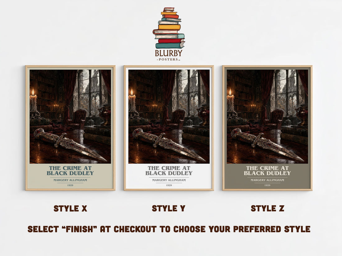 The Crime at Black Dudley book cover print in frame leaning in hallway – mystery wall art (mockup)