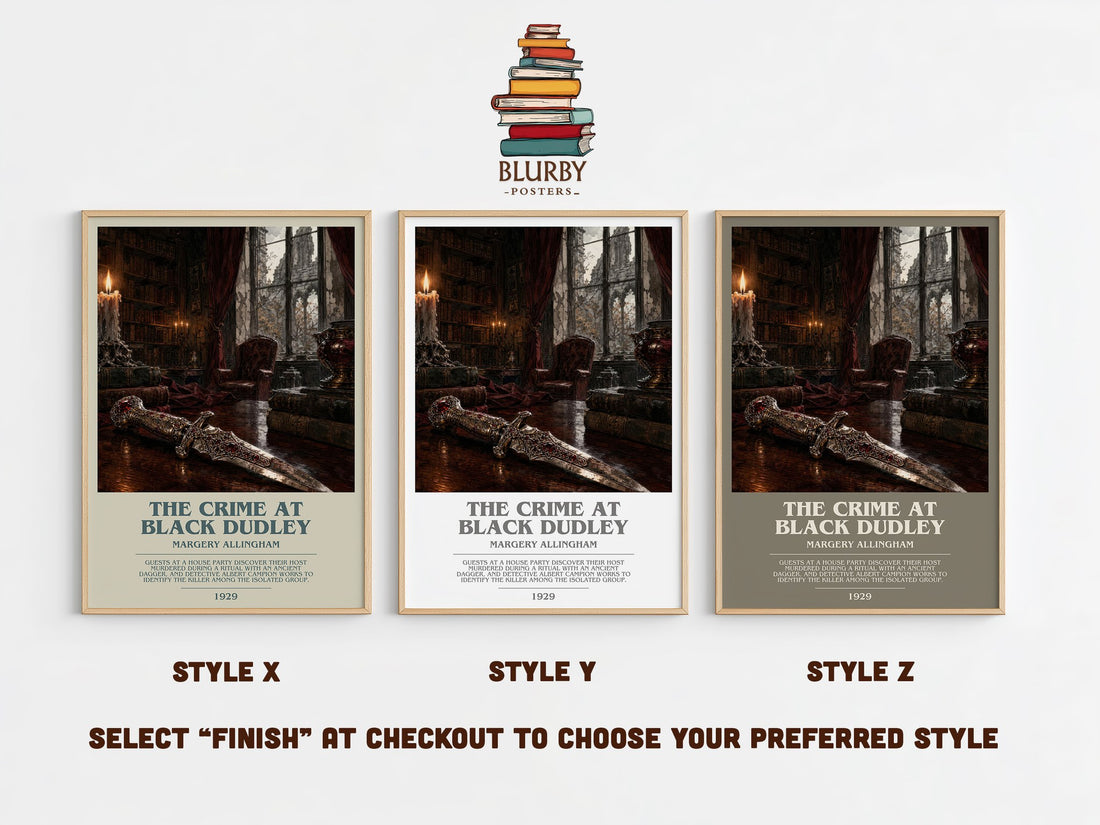 The Crime at Black Dudley bookish print in frame leaning in hallway – mystery wall art (mockup)
