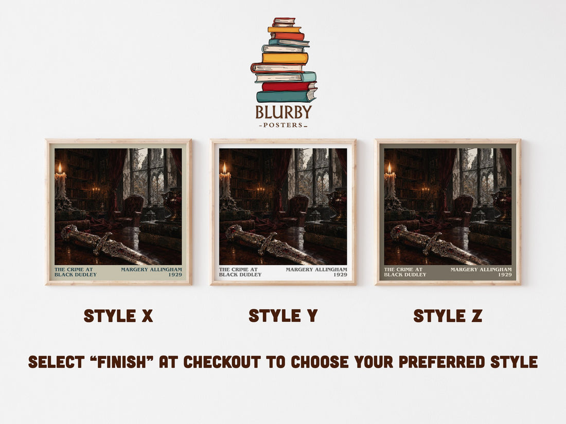The Crime at Black Dudley literary print in frame leaning in hallway – mystery wall art (mockup)