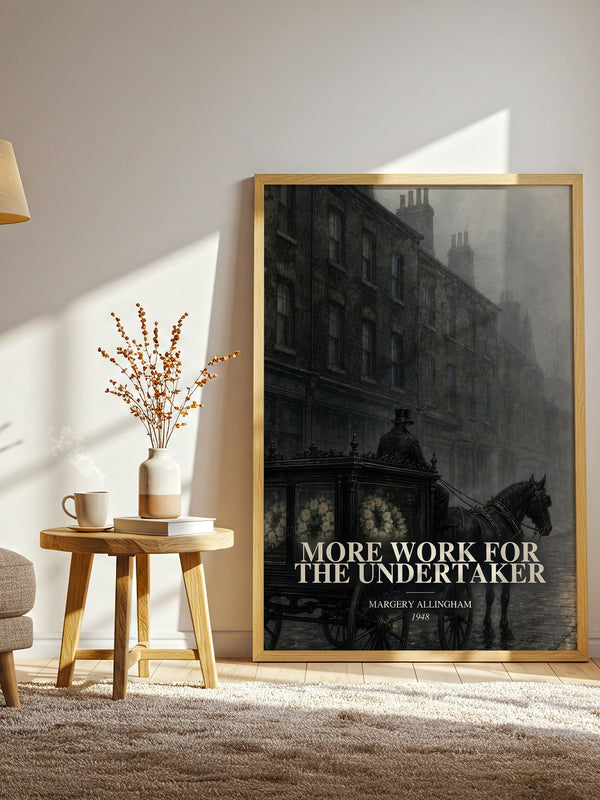 More Work for the Undertaker watercolour print in frame leaning in hallway – mystery wall art
