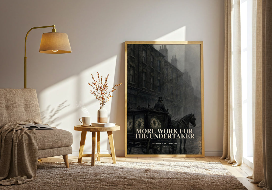 More Work for the Undertaker watercolour print in frame leaning in hallway – mystery wall art (mockup)