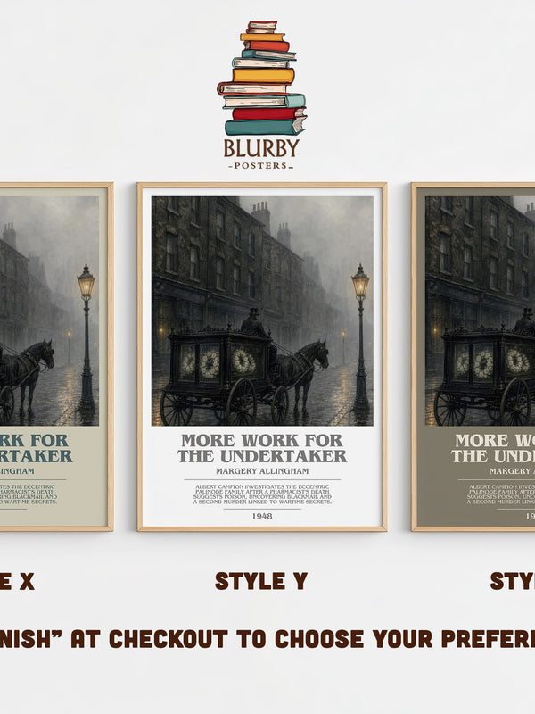 More Work for the Undertaker bookish print in frame leaning in hallway – mystery wall art