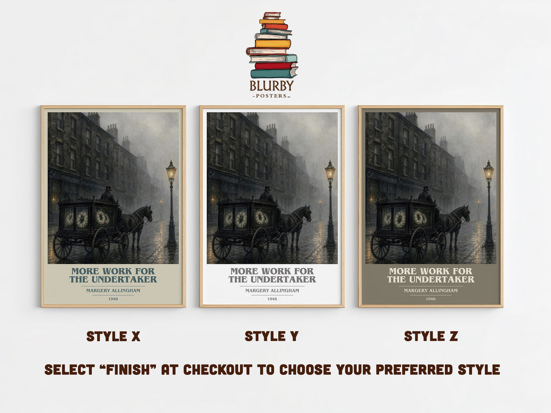 More Work for the Undertaker book cover print in frame leaning in hallway – mystery wall art (mockup)