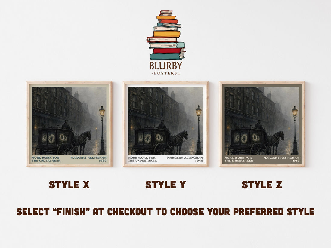 More Work for the Undertaker literary print in frame leaning in hallway – mystery wall art (mockup)