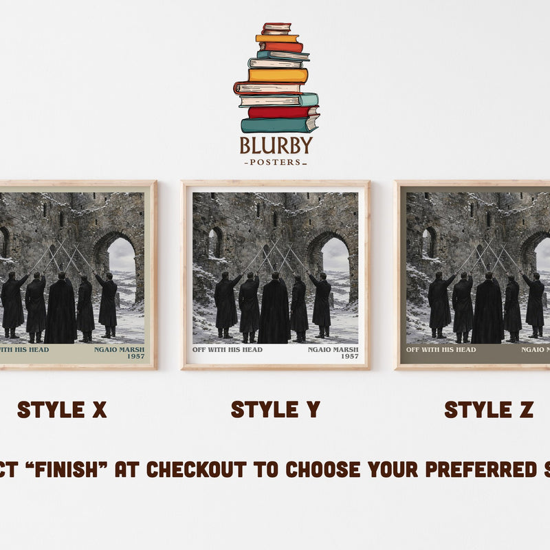Off With His Head literary print in frame leaning in hallway – mystery wall art