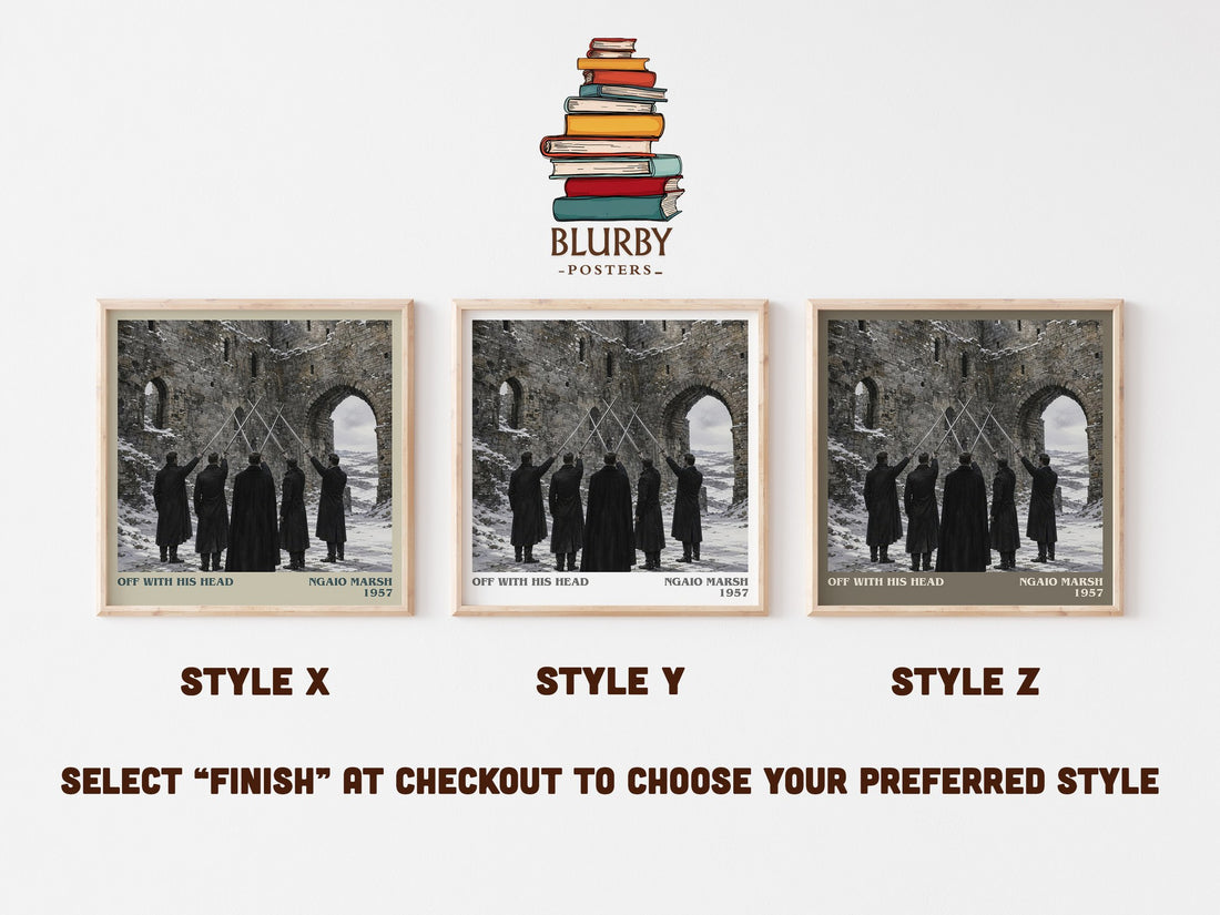 Off With His Head literary print in frame leaning in hallway – mystery wall art (mockup)