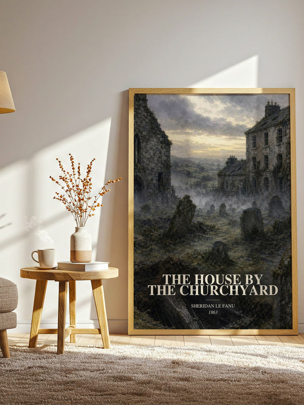 The House by the Churchyard watercolour print in frame leaning in hallway – gothic wall art