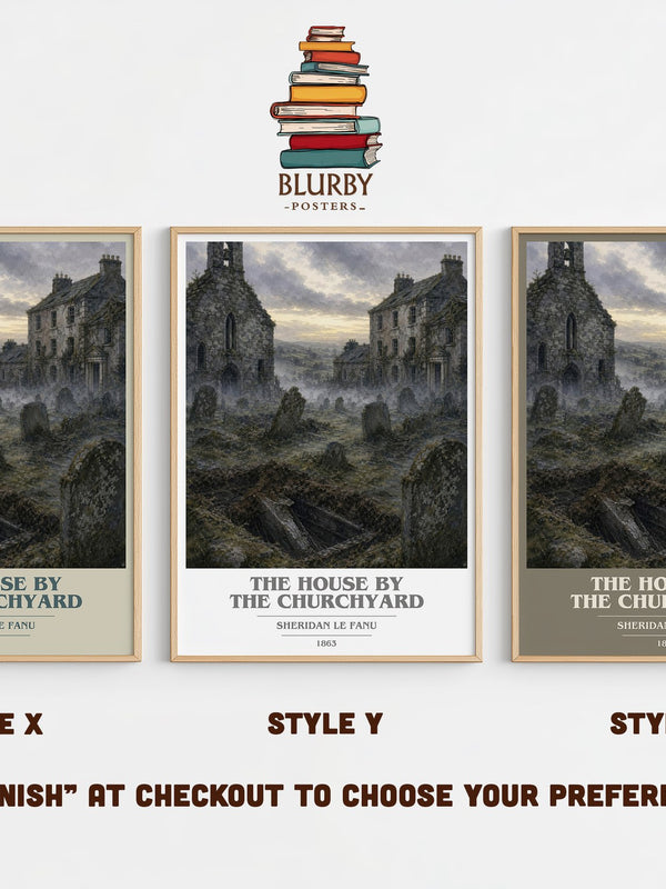 The House by the Churchyard book cover print in frame leaning in hallway – gothic wall art