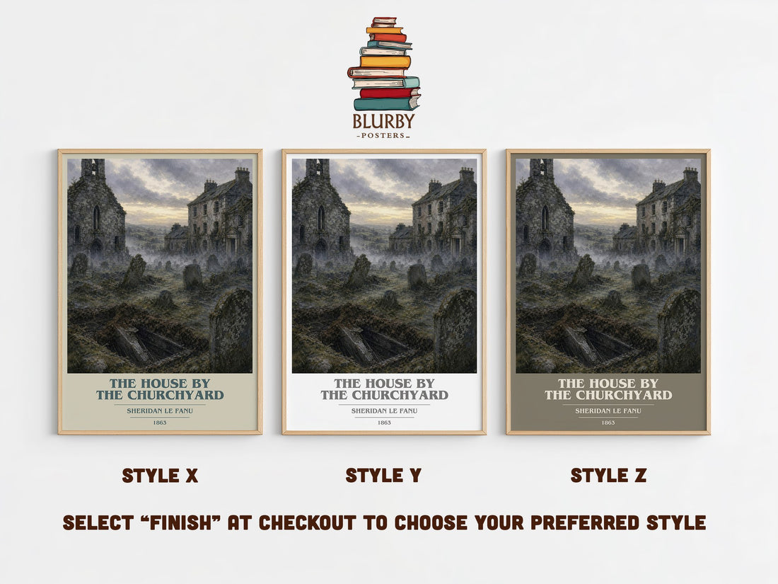 The House by the Churchyard book cover print in frame leaning in hallway – gothic wall art (mockup)